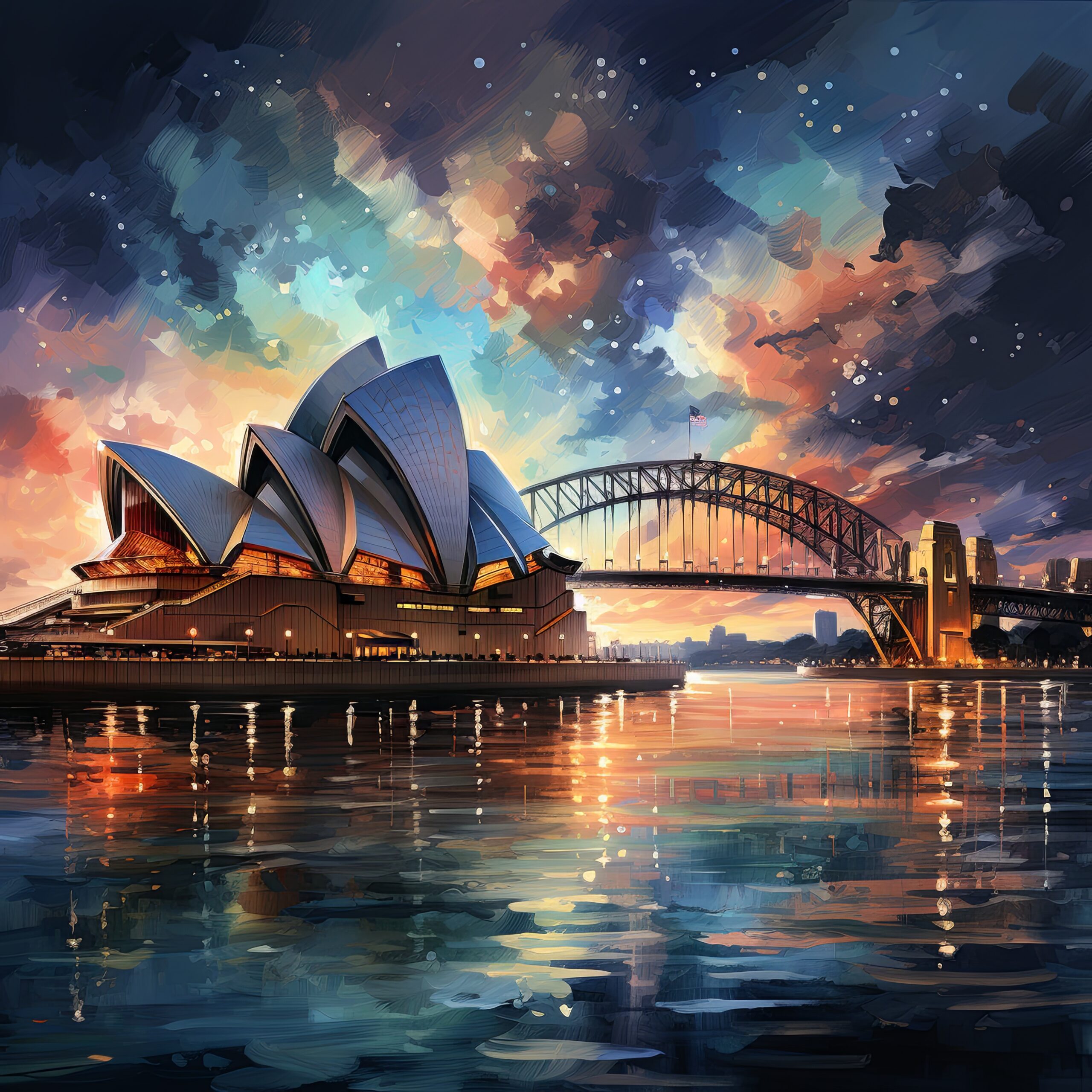 Watercolor illustration of a Fireworks: Whirling spirals of emerald and coral above the Sydney Opera House